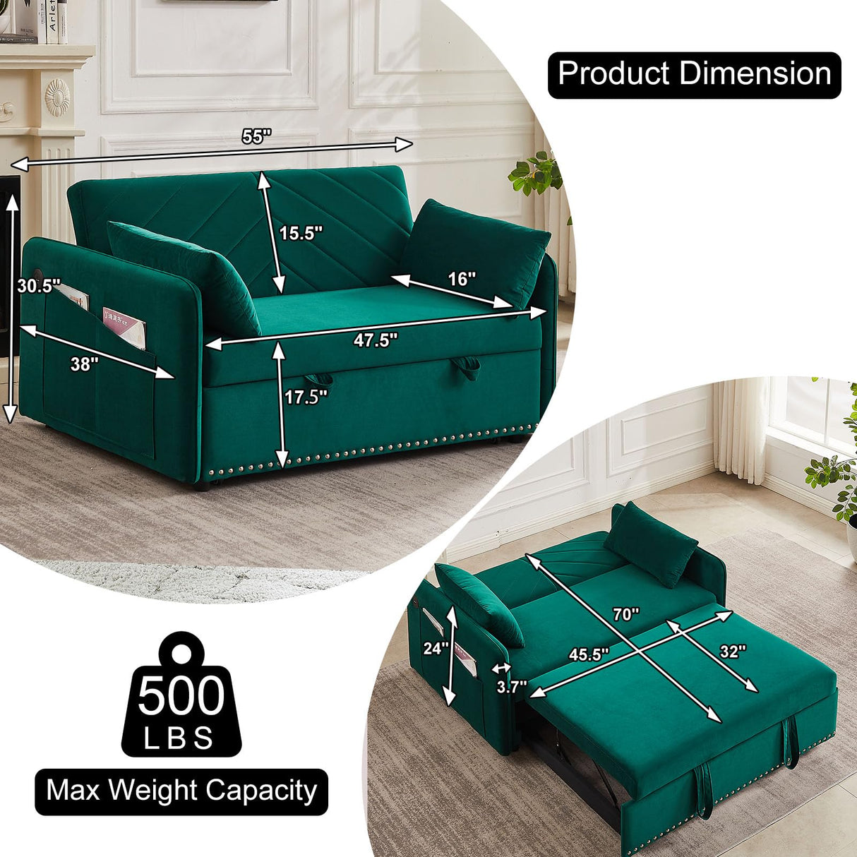 howcool 3 in 1 Convertible Sleeper Futon Sofa Bed, 55" Velvet Small Loveseat Lounge Couches with 2 Pillows, Reclining Backrest, USB Ports & Side Pockets for Living Room, Pull-Out Couch, Green howcool