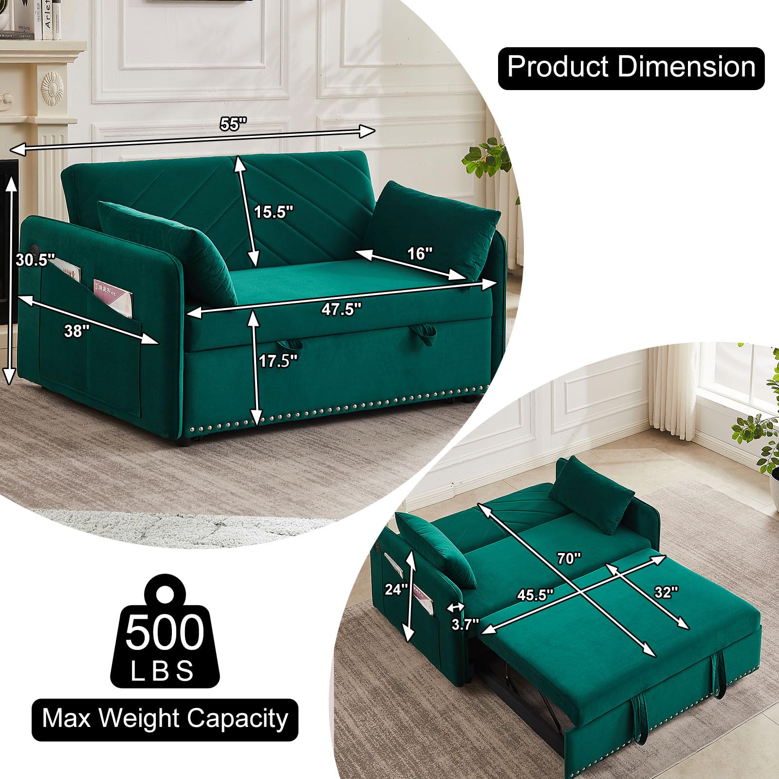 howcool 3 in 1 Convertible Sleeper Futon Sofa Bed, 55" Velvet Small Loveseat Lounge Couches with 2 Pillows, Reclining Backrest, USB Ports & Side Pockets for Living Room, Pull-Out Couch, Green - WoodArtSupply