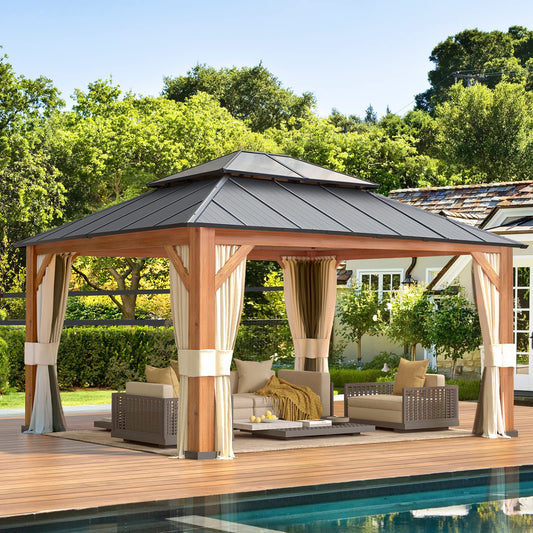 YOLENY 12' x 14' Ultra-Thick Columns and Beams Hardtop Gazebo, Metal Gazebo with Faux Wood Grain Aluminum Frame, Dual Material Double Roof, Outdoor Patio Gazebo Pergolas with Netting and Curt - WoodArtSupply