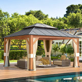 YOLENY 12'x14' Ultra-Thick Columns and Beams Hardtop Gazebo, Metal Gazebo with Faux Wood Grain Aluminum Frame, Dual Material Double Roof, Outdoor Patio Gazebo Pergolas with Netting and Curtains YOLENY