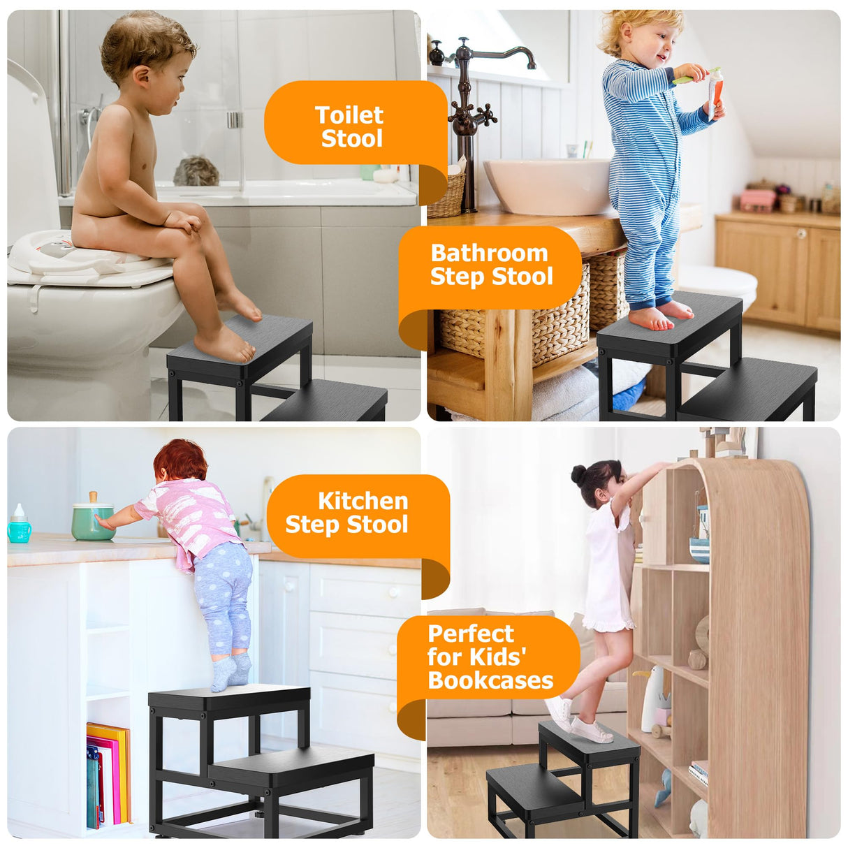 2 Step Wooden Step Stools for Adults Kids, Heavy Duty Stepping Stools Wooden Bed Step Stools for High Beds, Non-Slip 2 Bedside Foot Stool with 500 Lbs Capacity, Kitchen, Bed, RVS Step, Rustic Brown FYGUES