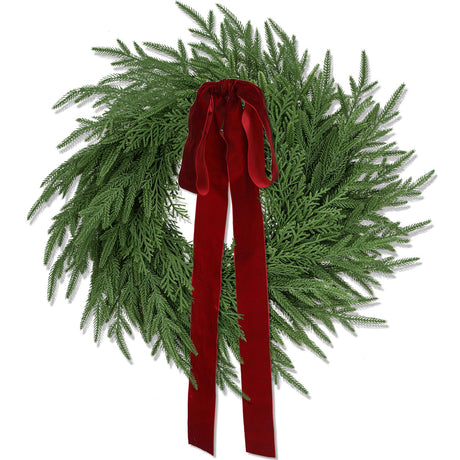 ENVEN Artificial Norfolk Pine & Cedar Christmas Wreath with Velvet Bow – Real Touch Faux Greenery Holiday Front Door Decoration for Indoor Outdoor Use ENVEN