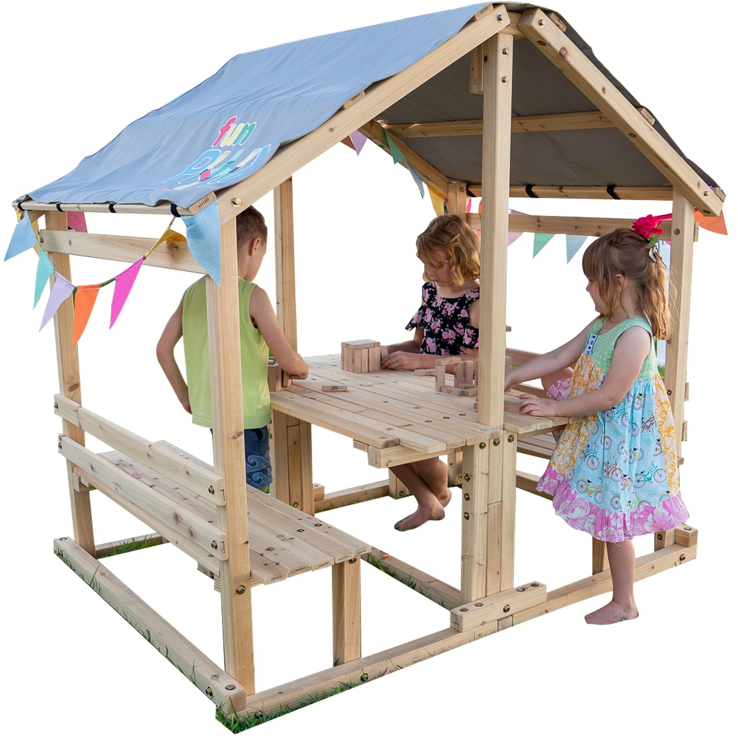 Outdoor Playhouse - Funphix Kids Klubhouse Wooden Playhouse with Table & Benches - Multifunctional Toy for Fun Play & Learning - Durable & Easy to Assemble Backyard Playground Set