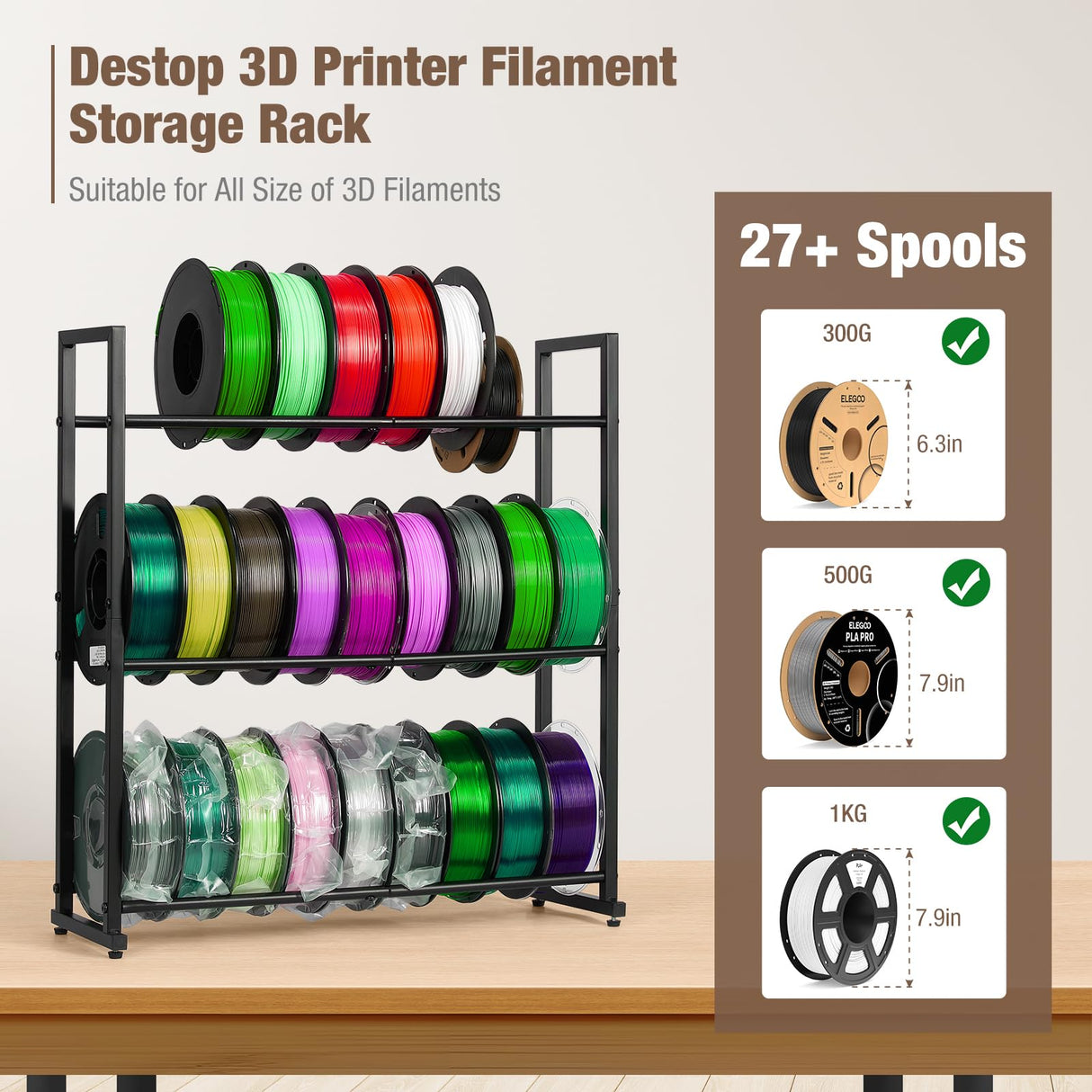 EnigmaSoul 3D Printer Filament Storage Rack Desktop, 3-Tier Heavy-Duty Filament Spool Holder Stand, Space-Saving Metal Filament Shelf for TPU/PLA/ABS, Ideal for Studio, Office, Workshop EnigmaSoul