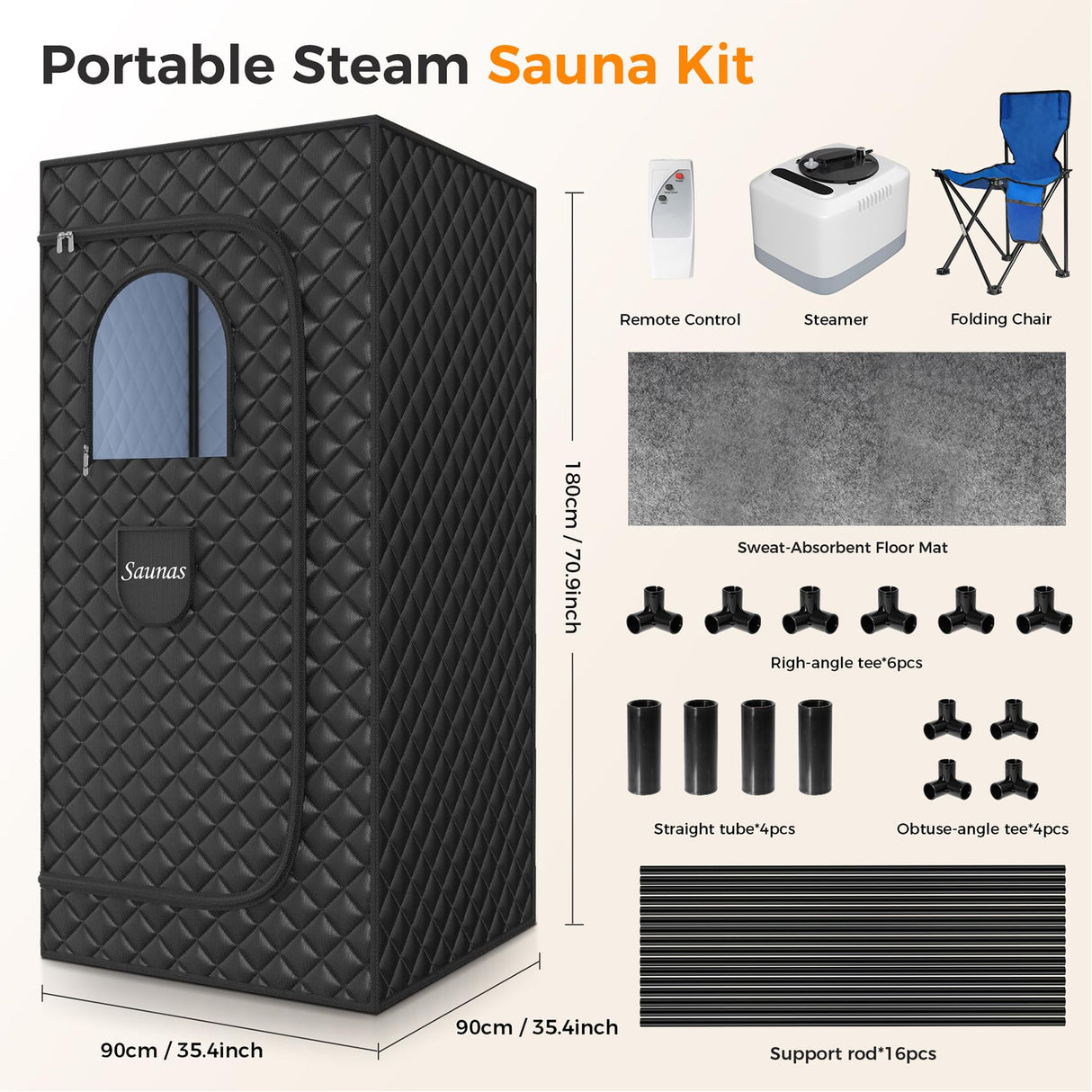 Lajou Portable Sauna Box for Home Steam Sauna Indoor Foldable Sauna Tent Personal Full Body Spa with 3L 110V 1200W Steamer, Remote Control, Folding Chair, 9 Levels, Black, 35.4"x35.4"x70.9" Lajou