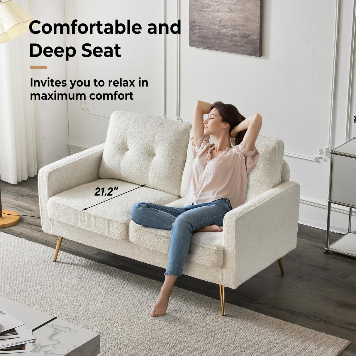 VINGLI 56" Modern White Loveseat,Small Sofa Couch with Deep Seat for Living Room,Faux Sherpa 2-Seater Sofa for Bedroom,Apartment,Office,Dorm,Small Space VINGLI