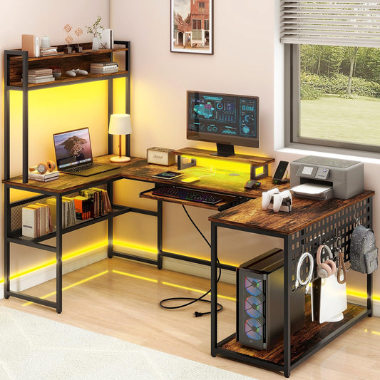 Vabches U Shaped Office Desk with LED Lights, Halitaa L Shaped Desk with Power Outlet and Monitor Stand, Reversible L-Shaped Computer Desk Suitable for Home Office, Corner, Gaming, Brown - WoodArtSupply