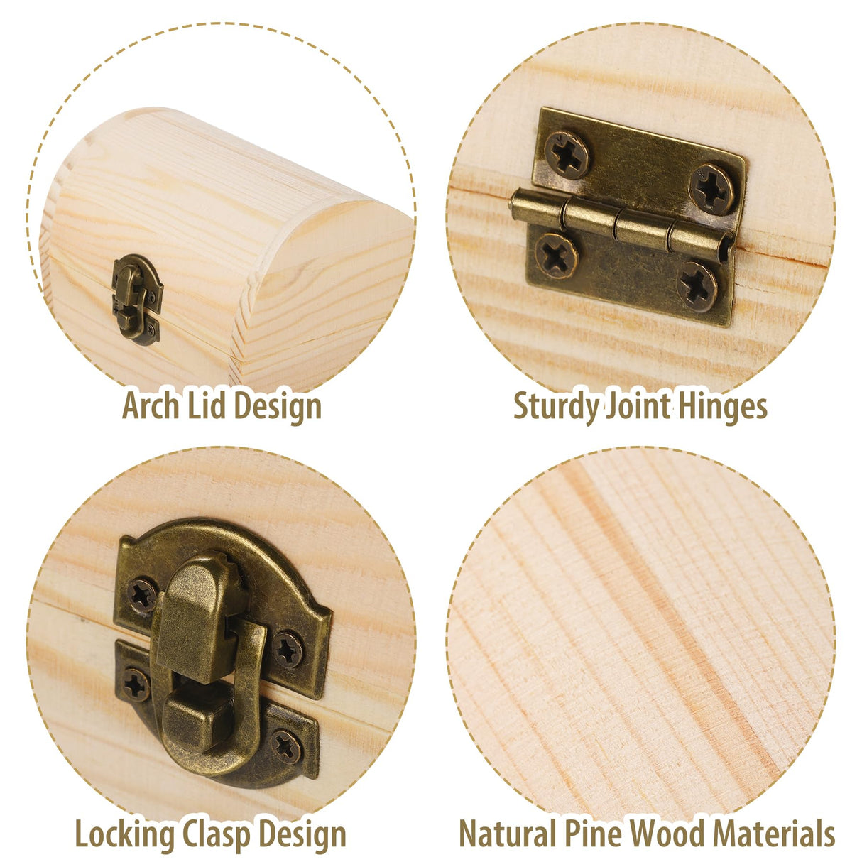 Aodaer 4 Pieces Unfinished Wood Treasure Chest Decorative Pine Wood Box with Hinged Lid and Locking Clasp Plain Decorate Wooden Boxes for Art Hobbies DIY Jewelry Gift Storage Aodaer