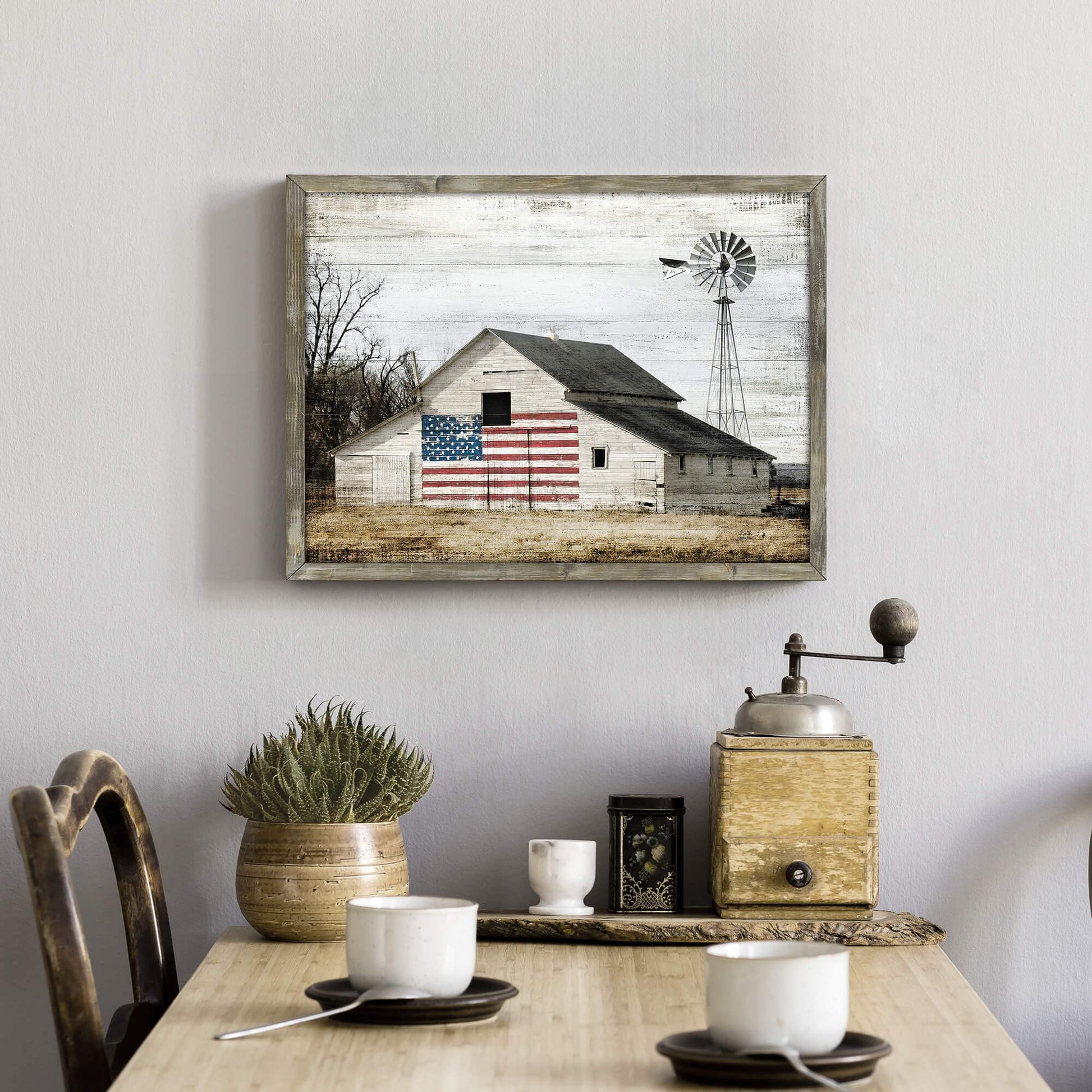 Wooden Picture Art Wall Decor: Rustic Old Barn Artwork American Flag Painting Grey Windmill Prints Landscape for Farmhouse Home Living Room Decoration - WoodArtSupply