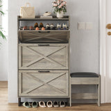 Maupvit Shoe Storage Cabinet with 3 Flip Drawers, Farmhouse Freestanding Organizer with Bench and Seat Cushion, Narrow Slim Shoe Rack Cabinet with Metal Legs for Entryway,Grey Maupvit