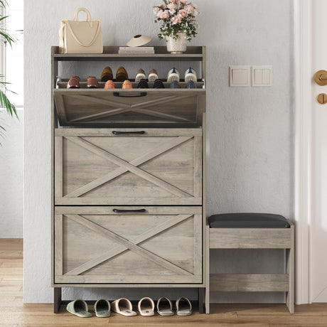 Maupvit Shoe Storage Cabinet with 3 Flip Drawers, Farmhouse Freestanding Organizer with Bench and Seat Cushion, Narrow Slim Shoe Rack Cabinet with Metal Legs for Entryway,Grey Maupvit