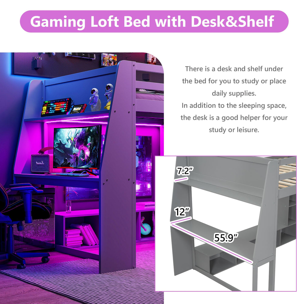 Polibi Wood Full Size Gaming Loft Bed with 55.9Lx12W inch Desk and Shelf,Bed Frame with LED,Hanging Clothes Rack and Storage Cabinet,Gray Polibi