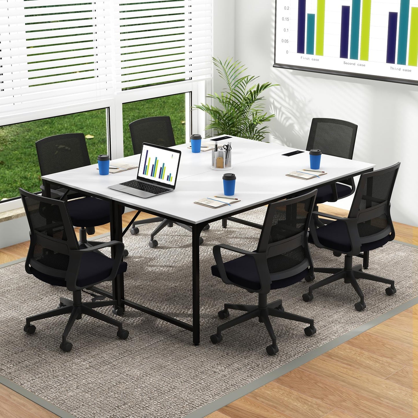 Tangkula 60" Conference Desk Set of 4, Modern Boardroom Desk with Storage Bag, Headphone Hook, Sturdy Metal Frame, Rectangular Seminar Table with Charging Station