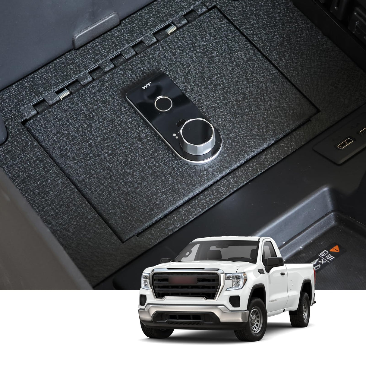 Center Console Safe Gun Safe, WASAI Premium In-vehicle Console Gun Vault Lock box Compatible with 2023-2025 Chevy Silverado 1500/GMC Sierra 1500, Fingerprint Lock with Backup Key. WASAI