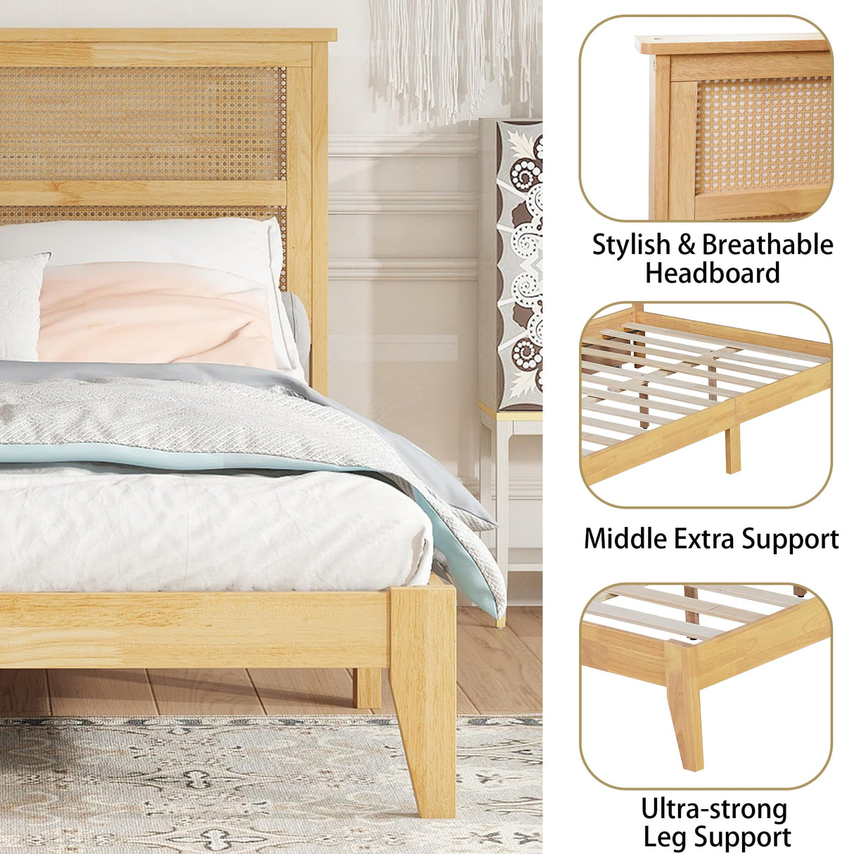 MoproBeti Full Bed Frame with Rattan Headboard,Rubber Wooden Boho Bed Frames with 2 Storage Drawers and Support Legs,No Box Spring Needed, White Oak MoproBeti