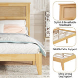 MoproBeti Full Bed Frame with Rattan Headboard,Rubber Wooden Boho Bed Frames with 2 Storage Drawers and Support Legs,No Box Spring Needed, White Oak MoproBeti