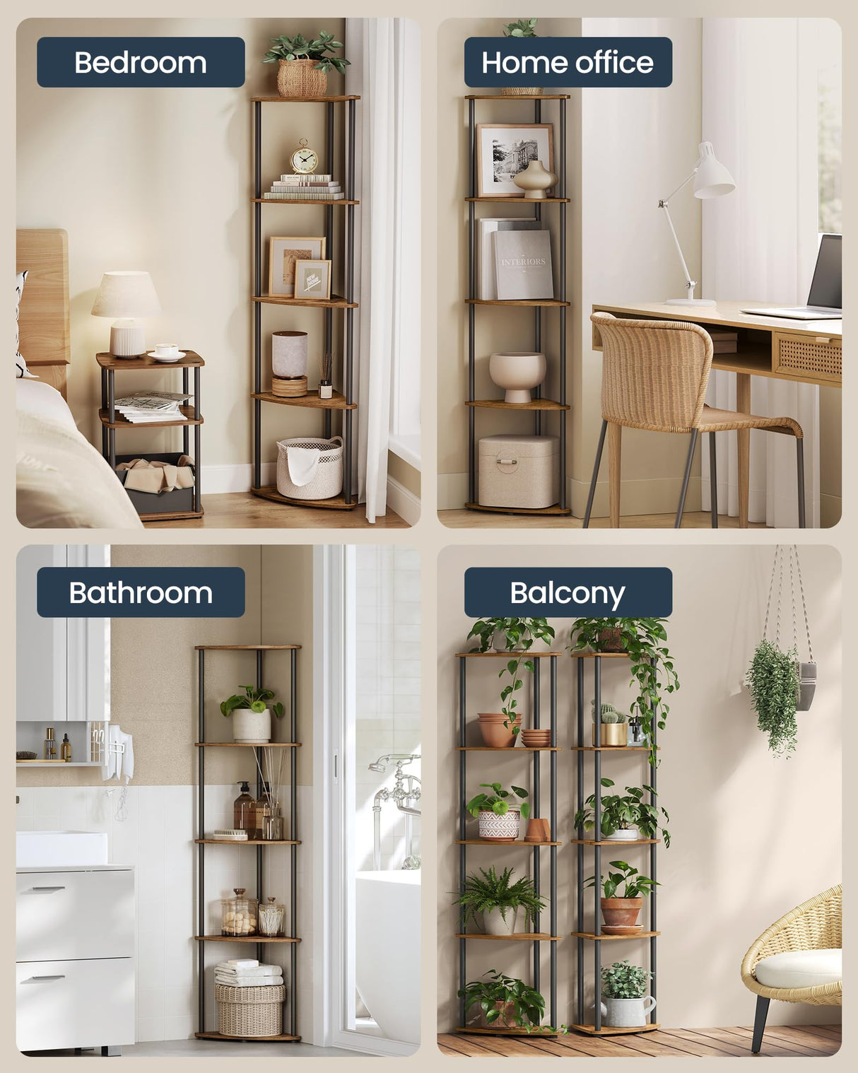 SONGMICS HOME Superfast Toolless Assembly, Corner Shelf, 5-Tier Corner Standing Shelf, Corner Shelf Stand, Living Room, Bedroom, Kitchen, 15 x 10.6 x 54.7 Inches, Rustic Brown ULBC610K01 SONGMICS HOME