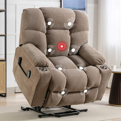 CANMOV Dual Motor Large Power Lift Recliner Chair for Elderly with Massage and Heat, Oversized Lay Flat Electric Lift Recliner, Heavy Duty Recliner Chair with USB Port, Side Pocket, Cup Holders, Brown