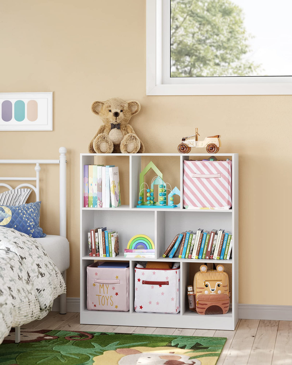 VASAGLE Bookcase, Bookshelf, Freestanding Storage Unit, 8 Open Compartments, Used Horizontally, Vertically, Upside Down, 11 x 35.4 x 39.4 Inches, for Living Room, Study, Office, White ULBC55WT VASAGLE