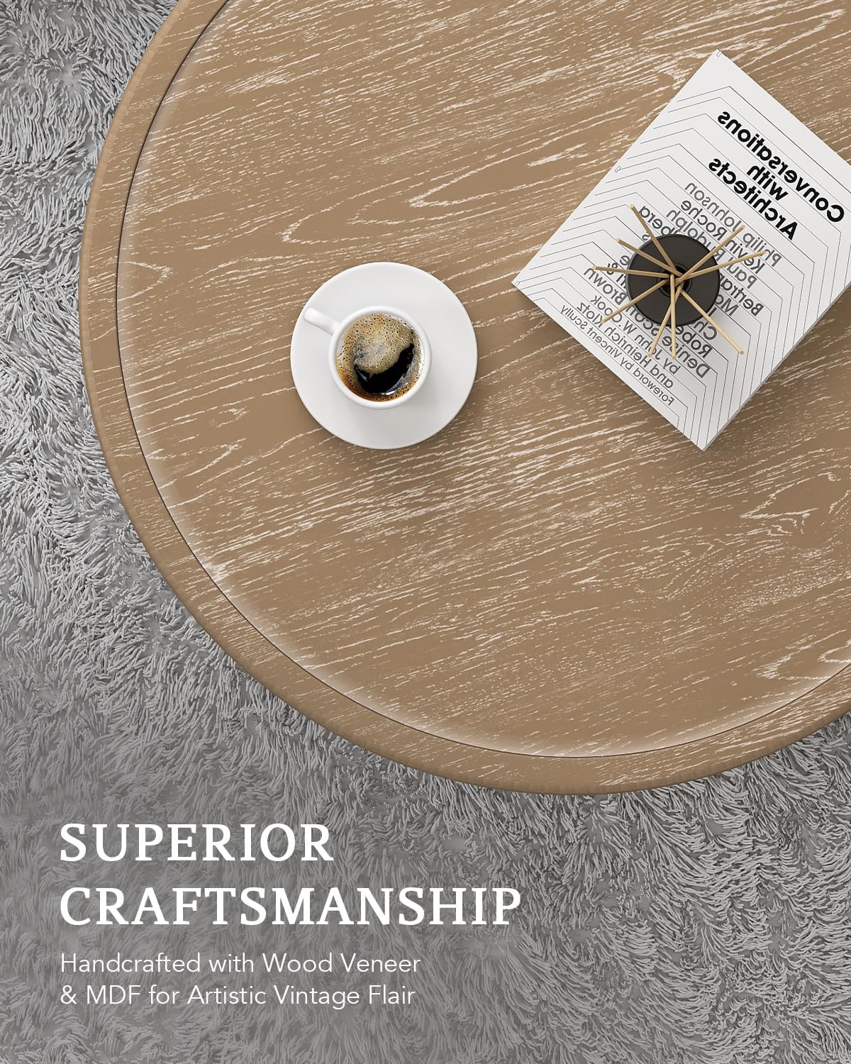 VONLUCE Farmhouse Coffee Table,30'' Round French Country Coffee Table,Distressed Wood Tray Top Vintage Coffee Table with Storage Shelf for Living Room Dining Room Bedroom,Small Space,Beige VONLUCE