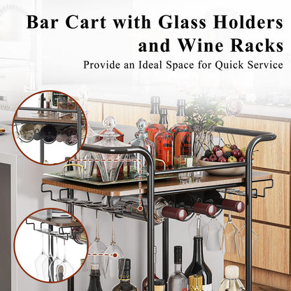 Wisdom Star 2 Tier Bar Cart with Wheels, Serving Cart with Wheels and 2 Handle, Outdoor Bar Cart for The Home with Wine Rack and Glass Holder, Kitchen Serving Cart for Home, Dining Room, Part - WoodArtSupply