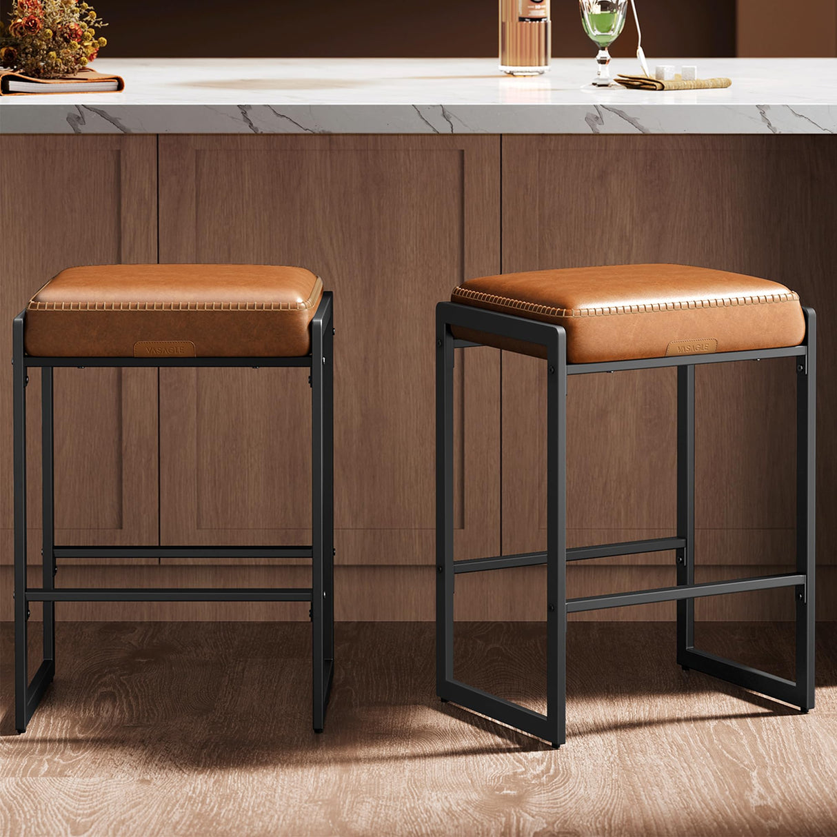 VASAGLE EKHO Collection - Bar Stools Set of 2, Counter Height Bar Stools, Synthetic Leather with Stitching, Mid-Century Modern Counter Stools, 26-Inch Tall, Kichen Home Bar Dining Room, Caramel Brown VASAGLE