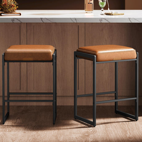 VASAGLE EKHO Collection - Bar Stools Set of 2, Counter Height Bar Stools, Synthetic Leather with Stitching, Mid-Century Modern Counter Stools, 26-Inch Tall, Kichen Home Bar Dining Room, Caramel Brown VASAGLE