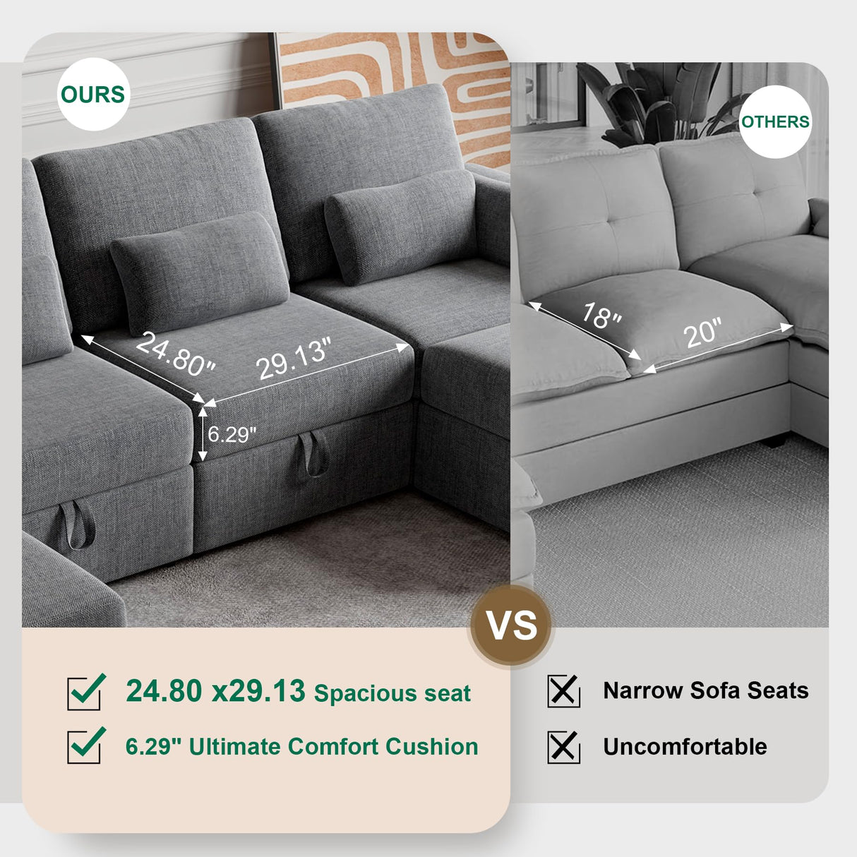 Modular Sectional Sofa with Storage, U Shaped Sectional Sofa with Chaise & Ottomans, Convertible 6 Seat Couch for Living Room with High Supportive Waist Pillow and Cup Holder ISHUHL