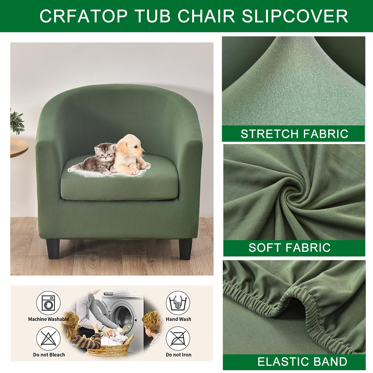 CRFATOP 2 Piece Club Chair Slipcover Stretch Barrel Chair Covers Solid Tub Chair Slipcovers Soft Armchair Covers Removable Furniture Protector Arm Chair Cover for Living Room,Green CRFATOP