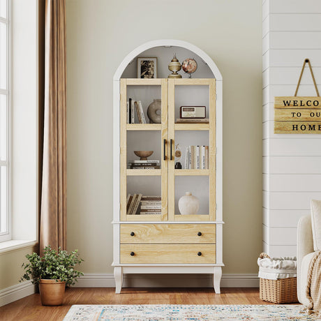 71" Tall Arched Kitchen Pantry, Modern Farmhouse Wood Kitchens Storage Cabinets with 2 Large Drawers and Adjustable Shelves, Arched Display Cabinet with Glass Doors for Dining Room, Bathroom LIVAUVEAD