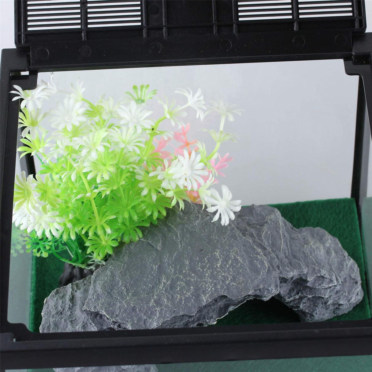 crapelles Glass Tank Spider Box Kit for Tarantula Feeder Insects Beetle Amphibians Terrarium Small pet,Washable mat,Resin Rock Shape Hideout, Artificial Flower crapelles