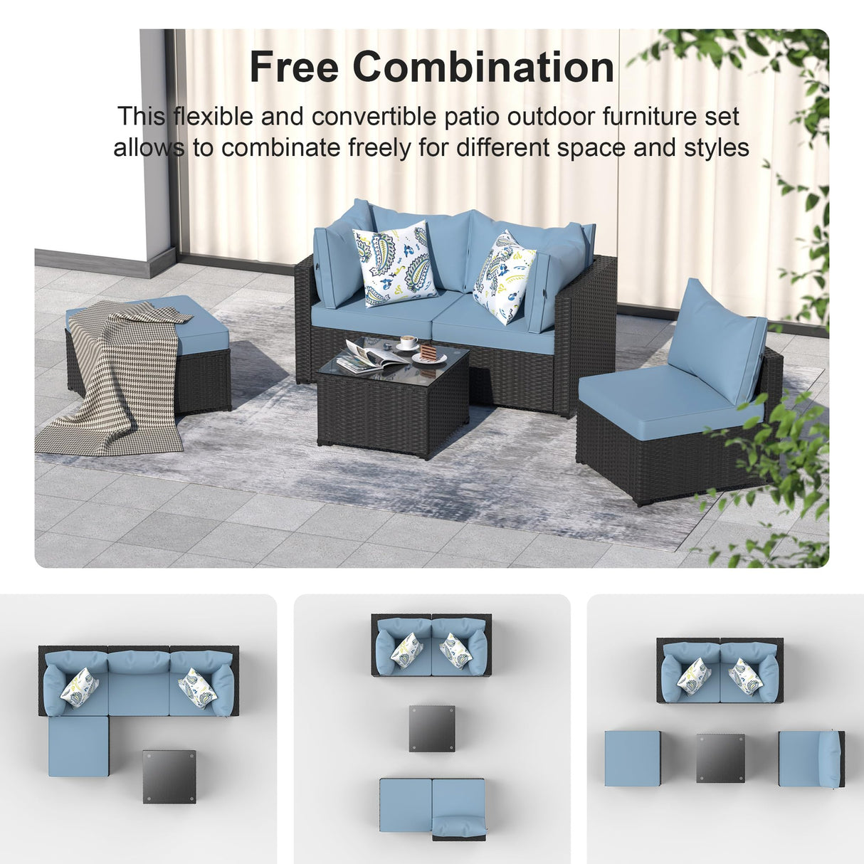 GOJOOASIS Patio Furniture Set Outdoor Sectional Sofa with Ottoman Wicker Couch Rattan Modular Seating Conversation Sets Porch Decor for Backyard, Balcony, Garden (Blue A) GOJOOASIS