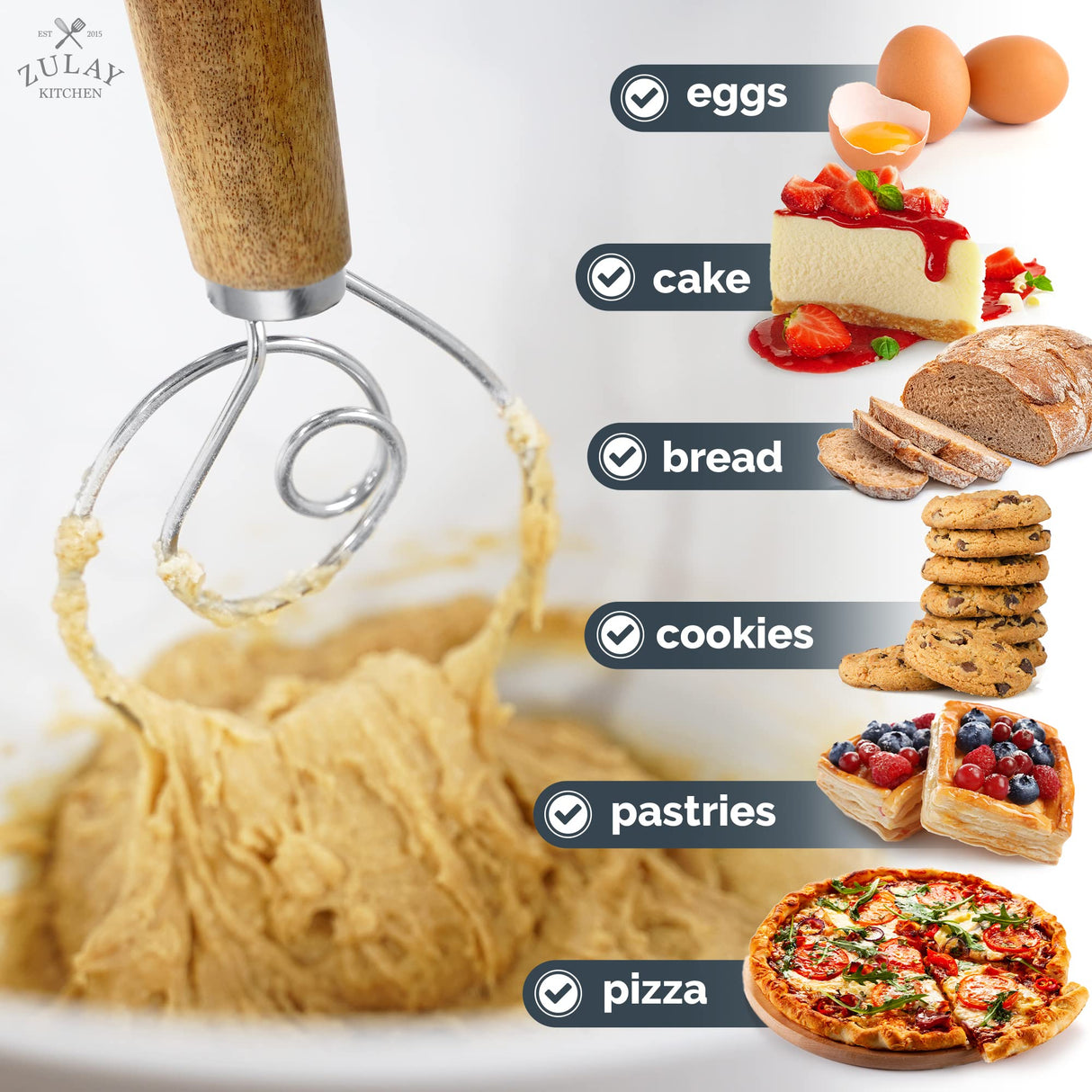 Zulay Kitchen 13 Inch Danish Dough Whisk - Large Wooden Danish Whisk For Dough With Stainless Steel Ring - Traditional Dutch Whisk Baking Tool For Bread, Batter, Cake, Pastry (Acacia Wood) Zulay Kitchen