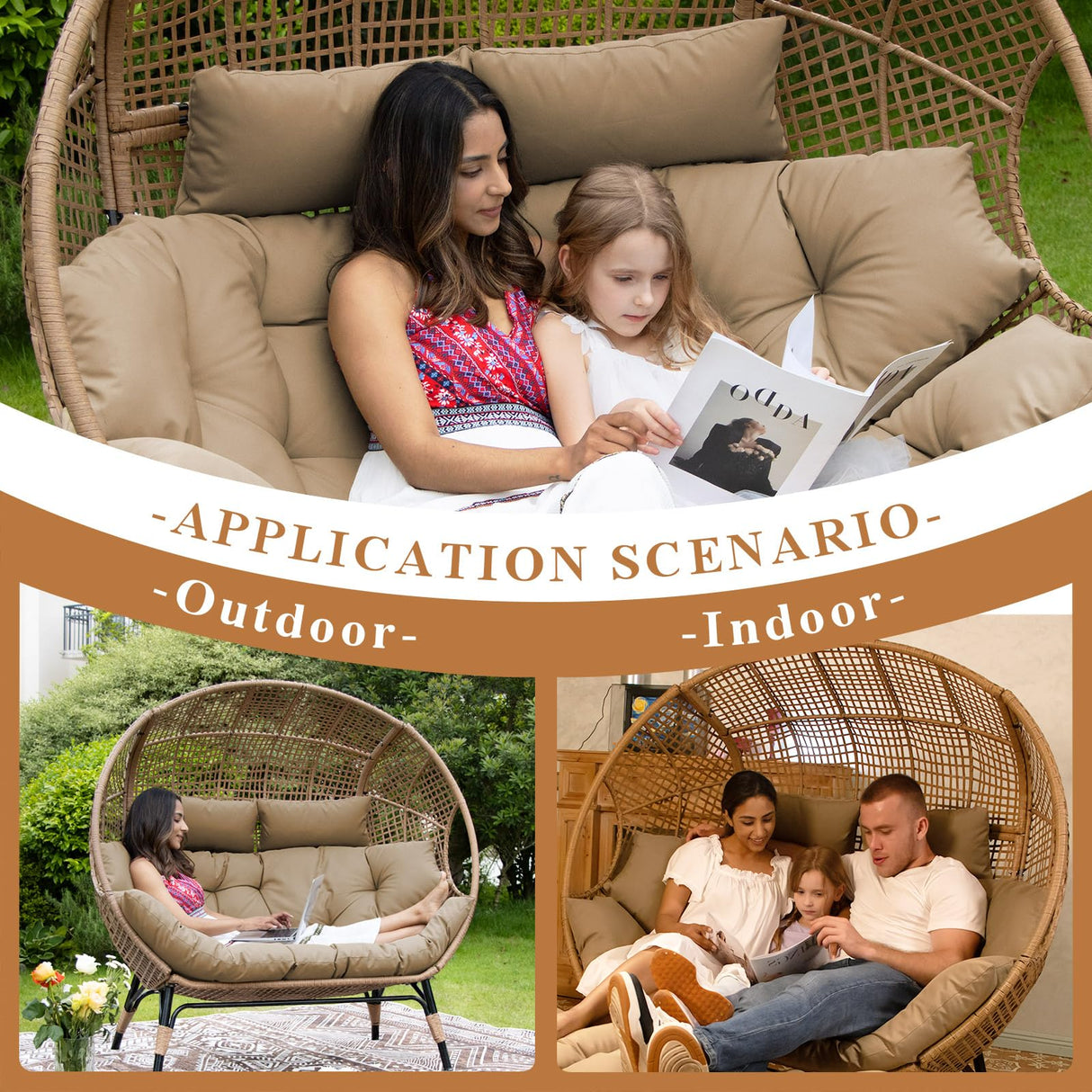 FINCATI Indoor Outdoor Double Egg Chair, 2 Person Oversized Wicker Rattan Stationary Lounge Chair with Legs, 680 lbs Loveseat Boho Egg Basket Chairs for Patio Garden Backyard Living Room Brown FINCATI