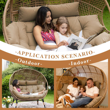 FINCATI Indoor Outdoor Double Egg Chair, 2 Person Oversized Wicker Rattan Stationary Lounge Chair with Legs, 680 lbs Loveseat Boho Egg Basket Chairs for Patio Garden Backyard Living Room Brown FINCATI