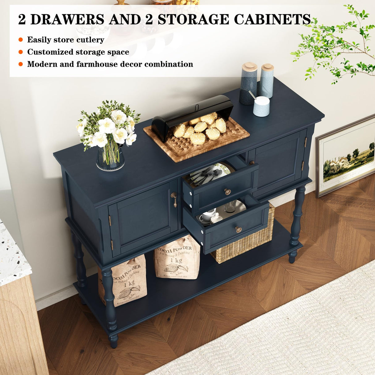 ARTPOWER Console Table with 2 Door, Open Storage Shelf and Retro Entryway Table with 2 Drawers Cabinets, Accent Table, Behind Couch Table for Living Room, Foyer and Hallway, Blue ARTPOWER