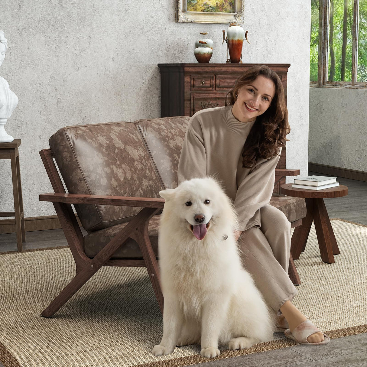 Bonzy Home 51.6" Loveseat Sofa Mid-Century Faux Leather Accent Chair, Upholstered 2-Seat Couch Loveseat with Solid Wood Frame and Cushions, Small Sofa Couch for Living Room, Bedroom,Retro Brown Bonzy Home