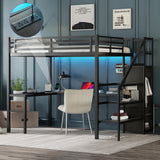 MAKIAAP Full Metal Loft Bed with Desk, Wardrobe & Storage Stairs – Heavy Duty Frame with LED Lights & Charging Station, Space-Saving Design for Adults & Teens (Black, Full) MAKIAAP