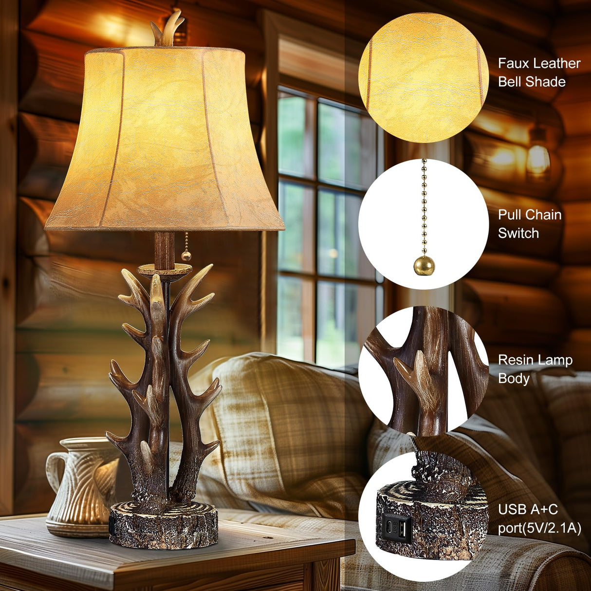 Antler Table Lamps Set of 2 with USB A+C Ports 28" Tall Rustic Farmhouse Deer Bedside Lamps with Faux Leather Bell Shade for Bedroom Living Room Office Decor Western Cabin End Table Lamp, Pull Chain BOOUCUU