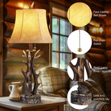 Antler Table Lamps Set of 2 with USB A+C Ports 28" Tall Rustic Farmhouse Deer Bedside Lamps with Faux Leather Bell Shade for Bedroom Living Room Office Decor Western Cabin End Table Lamp, Pull Chain BOOUCUU
