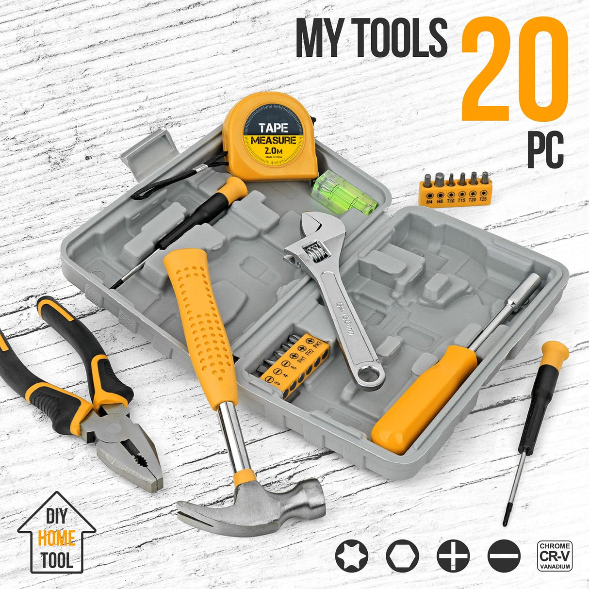 20 Pieces Home Tool Set, Basics Household Tool Kit with Small Mini Carrying Box for Men and Women DIY (Yellow) Elvesoar