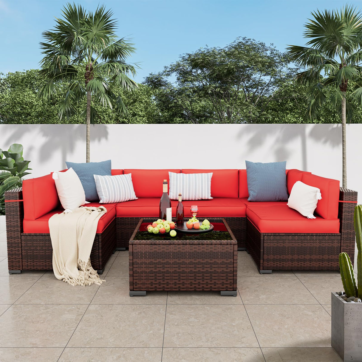 Amopatio Patio Furniture Set 7 Pieces Patio Conversation Set Outdoor Sectional Wicker Rattan Sofa with All-Weather Cover, Patio Furniture with Pillows Fits Porch Garden Backyard Balcony(Red) Amopatio