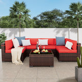 Amopatio Patio Furniture Set 7 Pieces Patio Conversation Set Outdoor Sectional Wicker Rattan Sofa with All-Weather Cover, Patio Furniture with Pillows Fits Porch Garden Backyard Balcony(Red) Amopatio