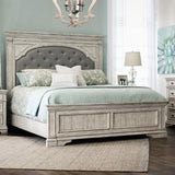 Steve Silver Company Highland Park 83.5" x 90" Farmhouse Wood & Fabric Upholstered Panel King Bed with Button Tufted Headboard, Low Vertical Planked Inset Panel Footboard, in Rustic Ivory Finish Steve Silver