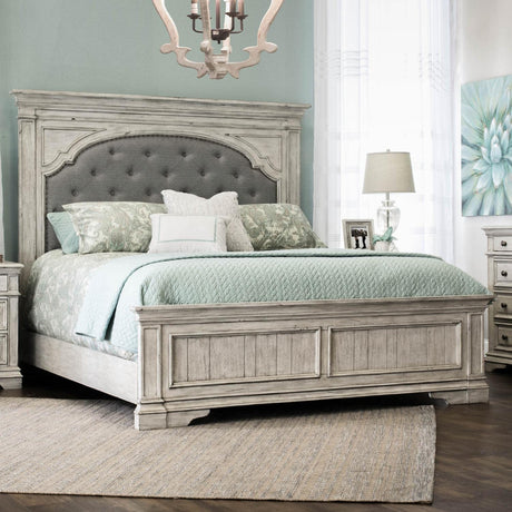 Steve Silver Company Highland Park 83.5" x 90" Farmhouse Wood & Fabric Upholstered Panel King Bed with Button Tufted Headboard, Low Vertical Planked Inset Panel Footboard, in Rustic Ivory Finish Steve Silver