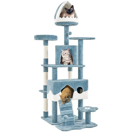 Yaheetech Cat Tree, 72.5inch Ocean-Themed Cat Tree Tower, Multi-Level Large Cat Tree for Indoor Cats with Shark's Mouth Bed & 2 Big Condos & 2 Wide Perches & Funny Toys, Blue & White Yaheetech