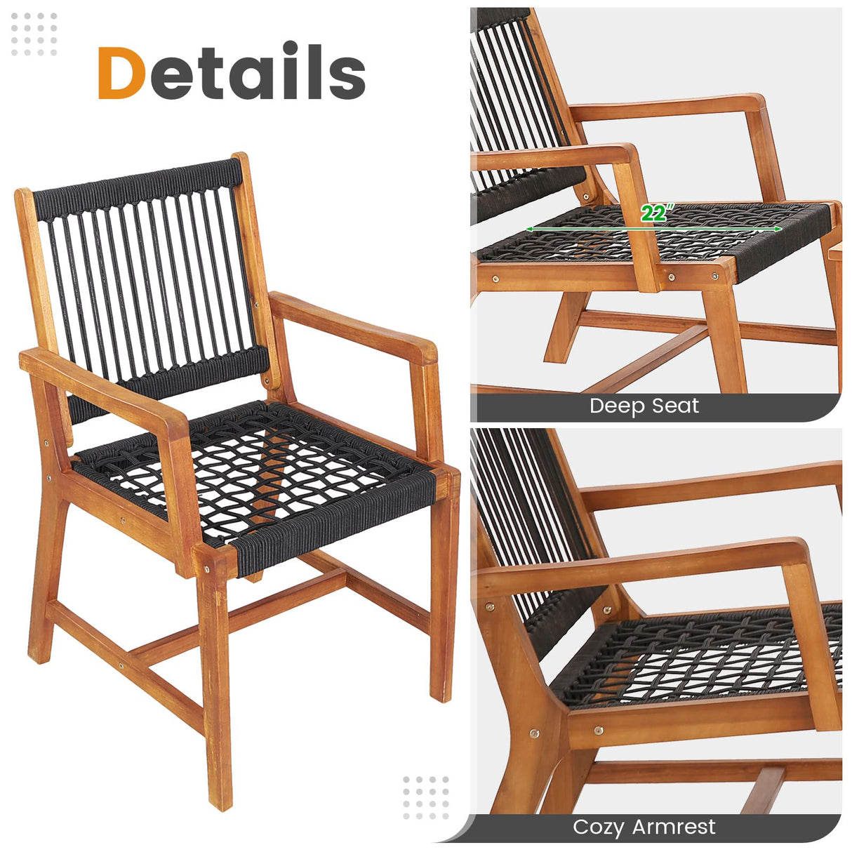 Tangkula 3 Pieces Acacia Wood Outdoor Furniture Set, All-Weather Rope Woven Bistro Set with Armchairs and Coffee Table, Patio Conversation Set for Front Porch, Deck, Balcony Tangkula
