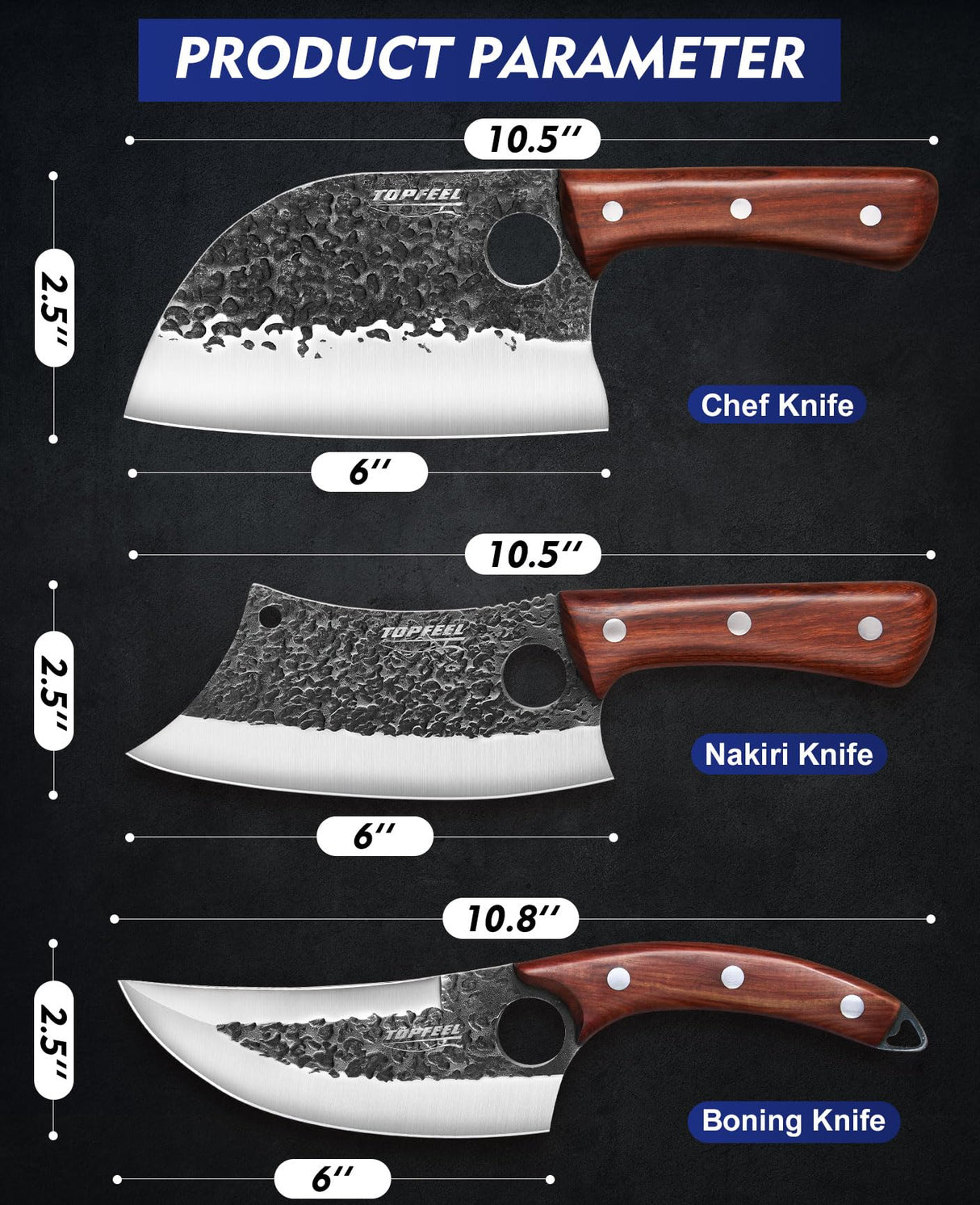 Topfeel 3PCS Butcher Knife Set, Hand Forged Serbian Chef Knife & Meat Cleaver Knife & Viking Knives, Meat Cutting Kitchen Knife Set for Home, Outdoor Cooking, Camping BBQ Gift Idea Men Topfeel