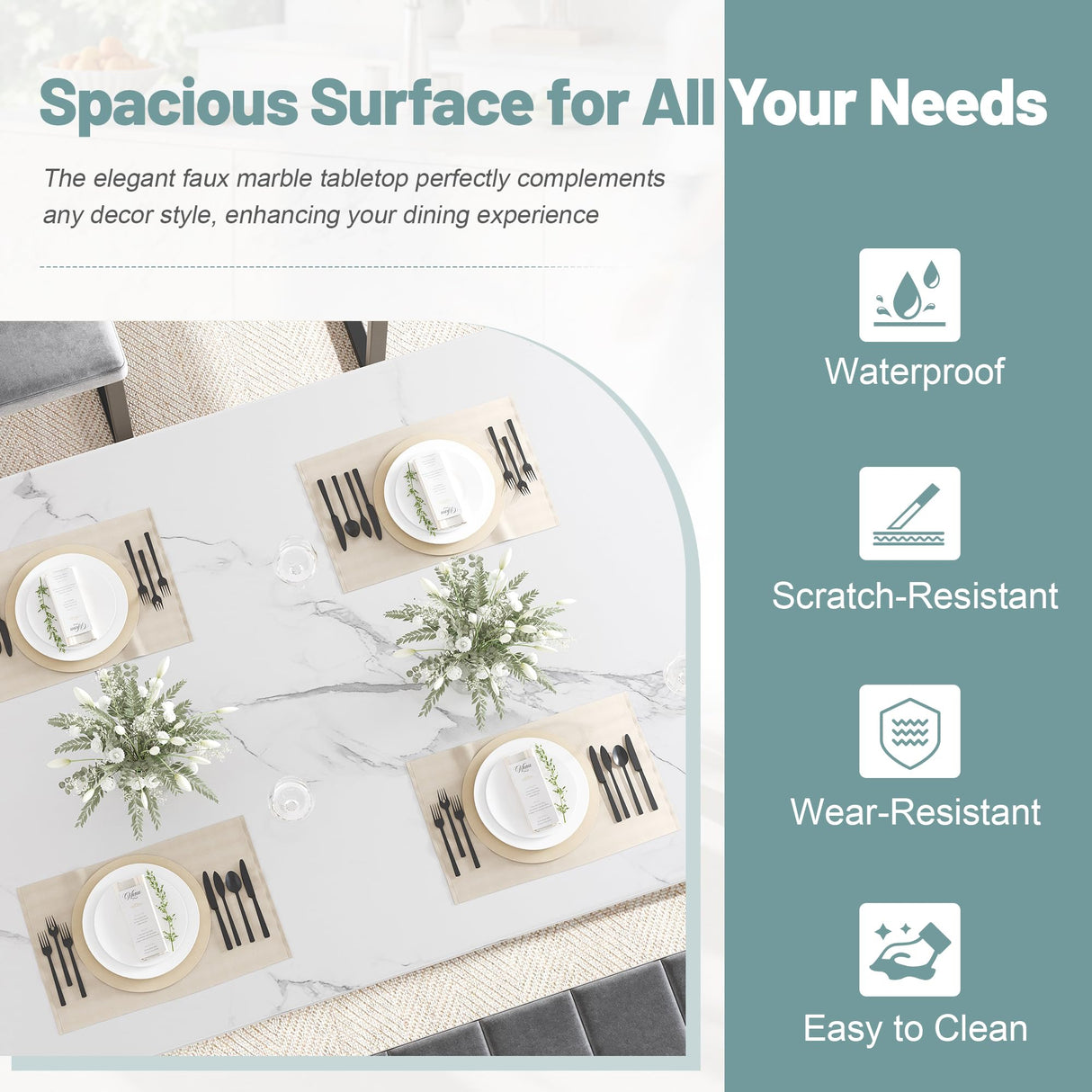 HUGROVE 6-Piece Dining Table Set, 51.18'' Faux Marble Rectangular Table with 4 Velvet Upholstered Dining Chairs and Bench, Modern Kitchen & Dining Room Furniture for Family Gathering (Dark Gray) HUGROVE