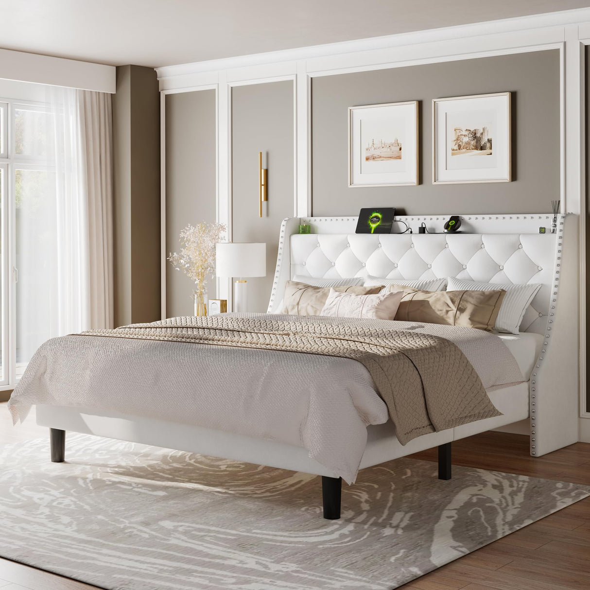 Feonase King Size Bed Frame with Velvet Luxury Wingback and Fast Charging Station,King Upholstered Button Tufted Storage Headboard Platform Bed,Sturdy Wooden Slats Support,Easy Assembly,White Feonase